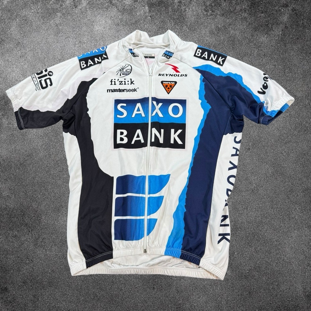 SAXO BANK Cycling Jersey Mens Large Full Zip Bike Racing Short Sleeve Blue White